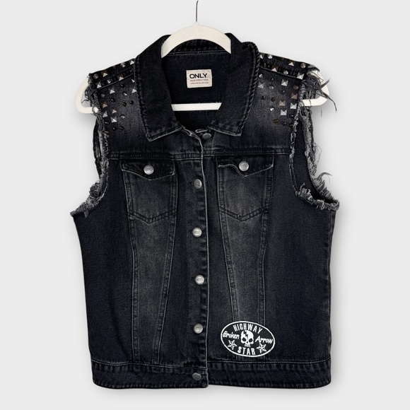 ONLY Black Denim Vest L Studded Moto Goth Punk Rockabilly Rocker Grunge Biker - Picture 1 of 9